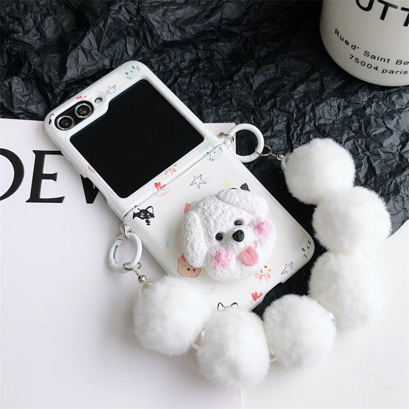 Cute Dog Design Leather Case for Galaxy Z Flip Series with Stand and Hinge Protection