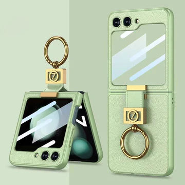 LEATHER CASE WITH Z FINGER RING & LENS GLASS FOR SAMSUNG GALAXY Z FLIP