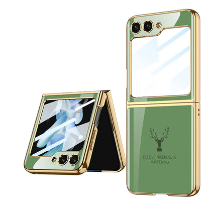 Deer Pattern Luxury Tempered Glass Case for Samsung Galaxy Z Flip3 Flip4 Flip5 5G