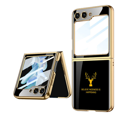 Deer Pattern Luxury Tempered Glass Case for Samsung Galaxy Z Flip3 Flip4 Flip5 5G