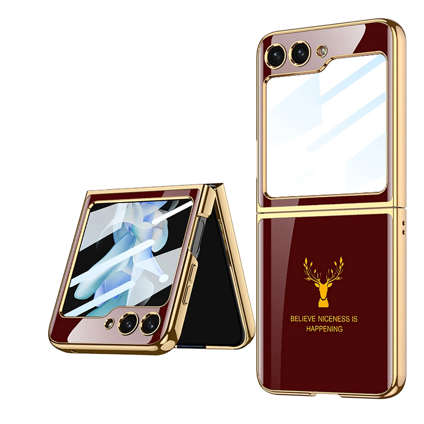 Deer Pattern Luxury Tempered Glass Case for Samsung Galaxy Z Flip3 Flip4 Flip5 5G