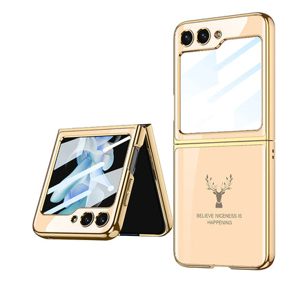 Deer Pattern Luxury Tempered Glass Case for Samsung Galaxy Z Flip3 Flip4 Flip5 5G