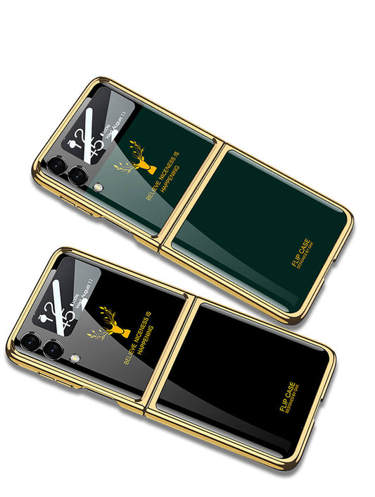 Deer Pattern Luxury Tempered Glass Case for Samsung Galaxy Z Flip3 Flip4 Flip5 5G